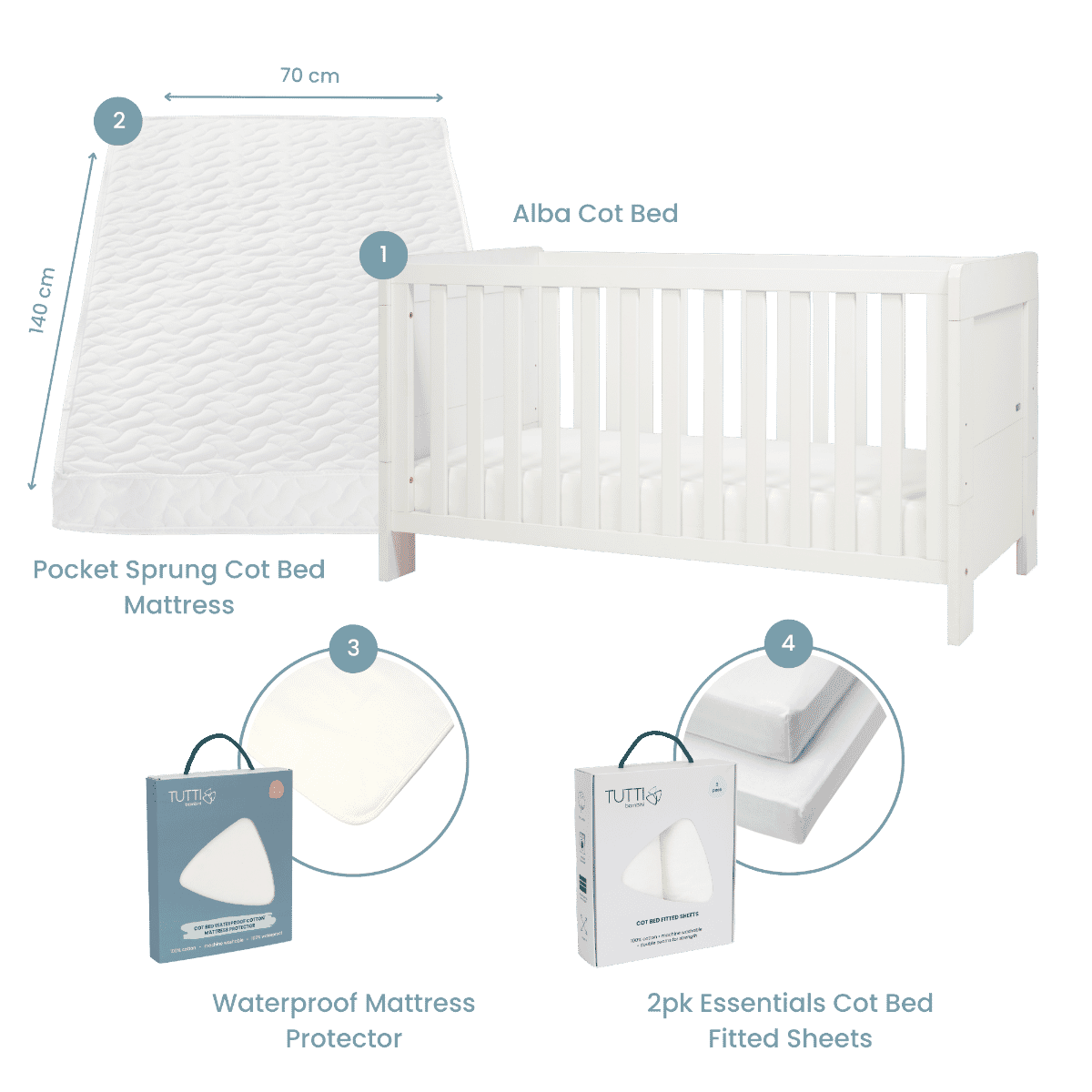 Essentials Alba Cot Bed, Mattress & Bedding Bundle