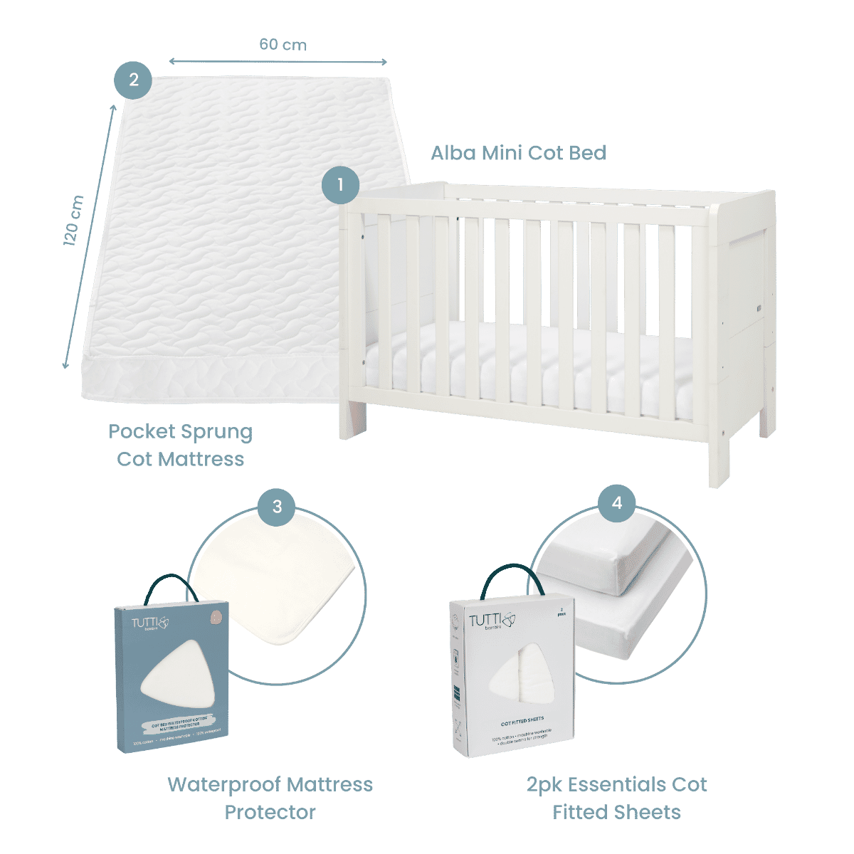 Essentials Alba Mini Cot Bed, Mattress & Bedding Bundle
