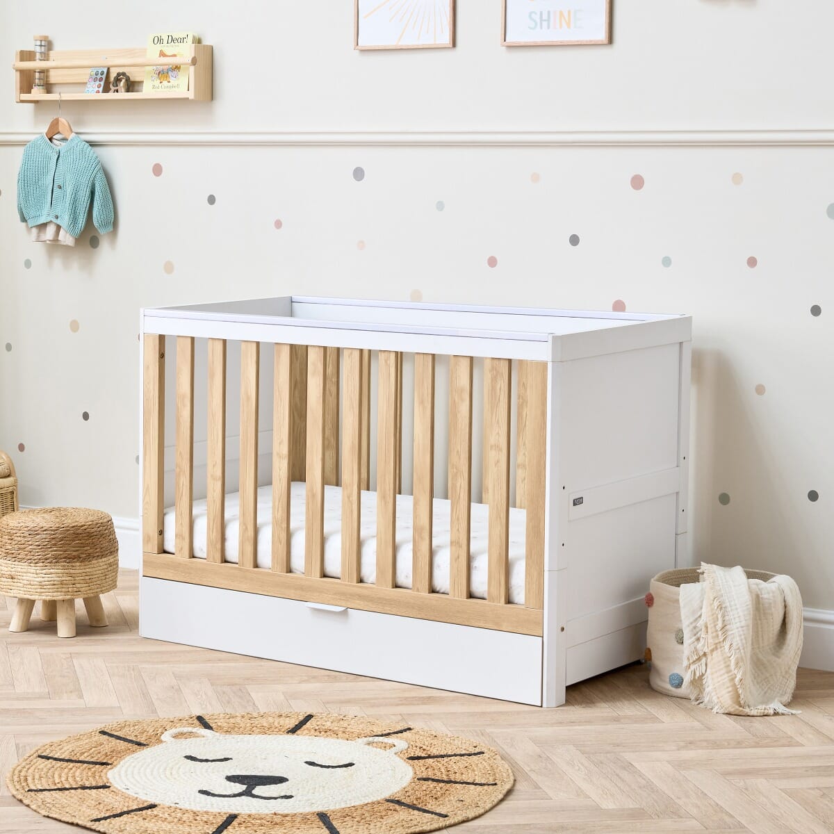Riley Mini Cot Bed with Drawer - White & Maple Oak