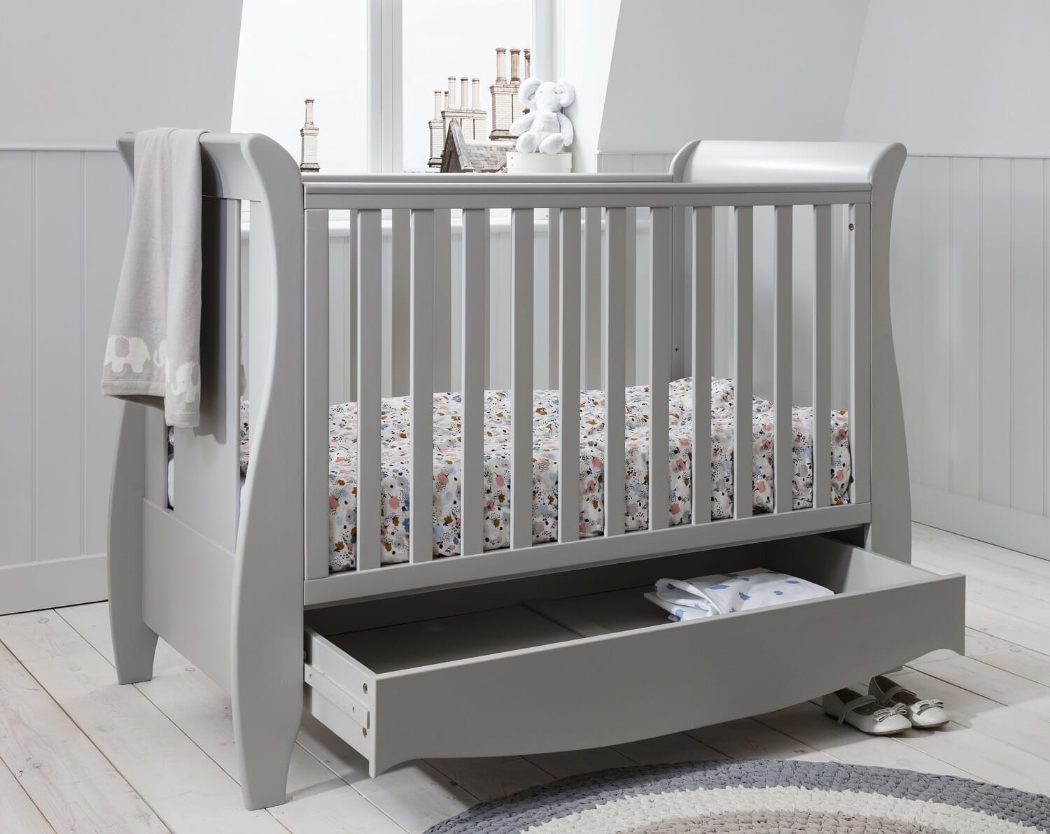 Two Piece Tutti Bambini Roma Nursery Furniture Set Space Saver Baby Cot Bed and Sleigh Design Chest of Drawers Truffle Grey Space Saver Solid Wood Furniture