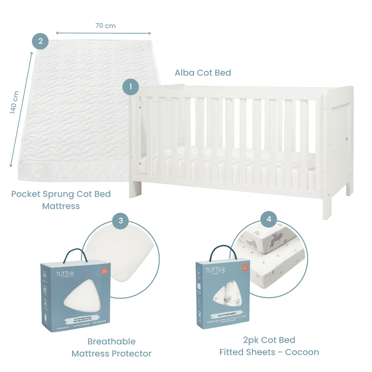 Supreme Alba Cot Bed, Mattress & Bedding Bundle