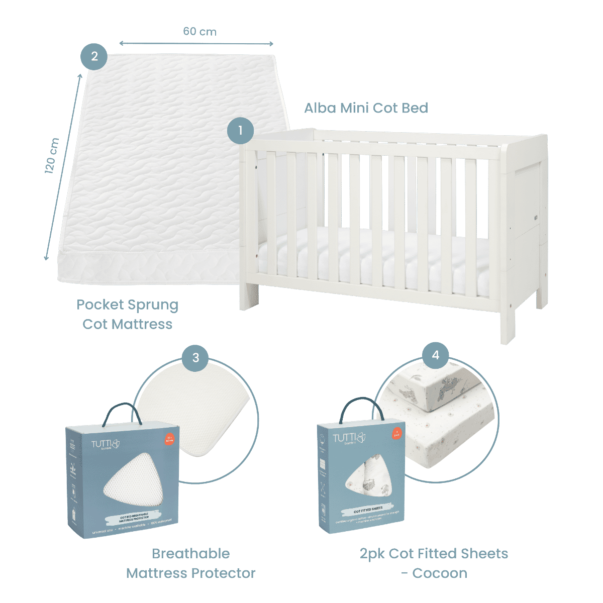 Supreme Alba Mini Cot Bed, Mattress & Bedding Bundle